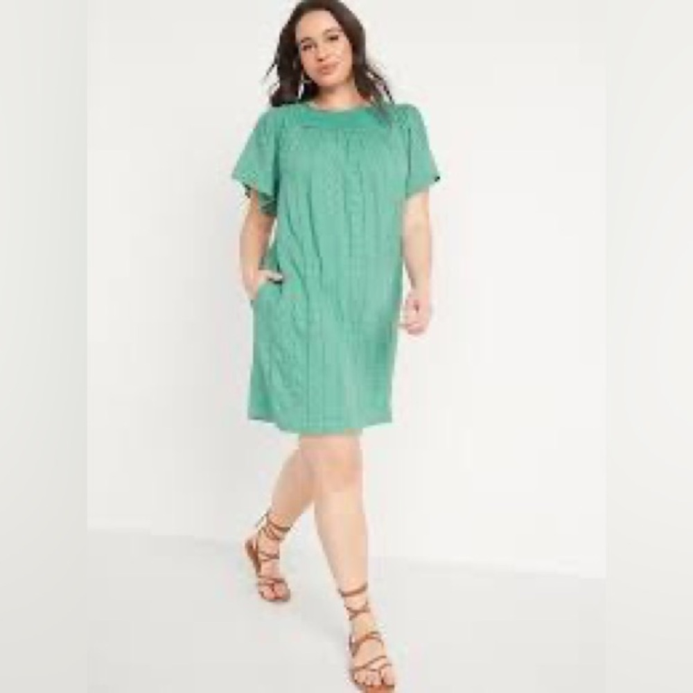OLD NAVY Wms Teal Eyelet Smocked Cotton Knit Flutter Sleeve Boho Mini Dress 2XLP